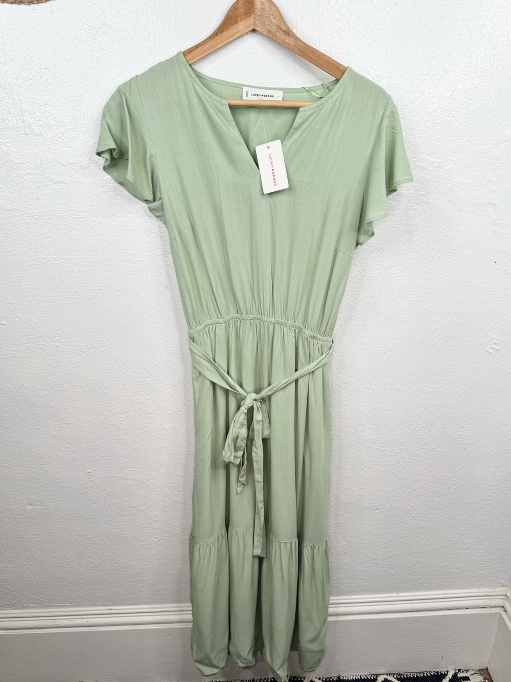 Lucky Brand Midi Dress Womens Size S Smoke Green Flutter Sleeve Tie Waist